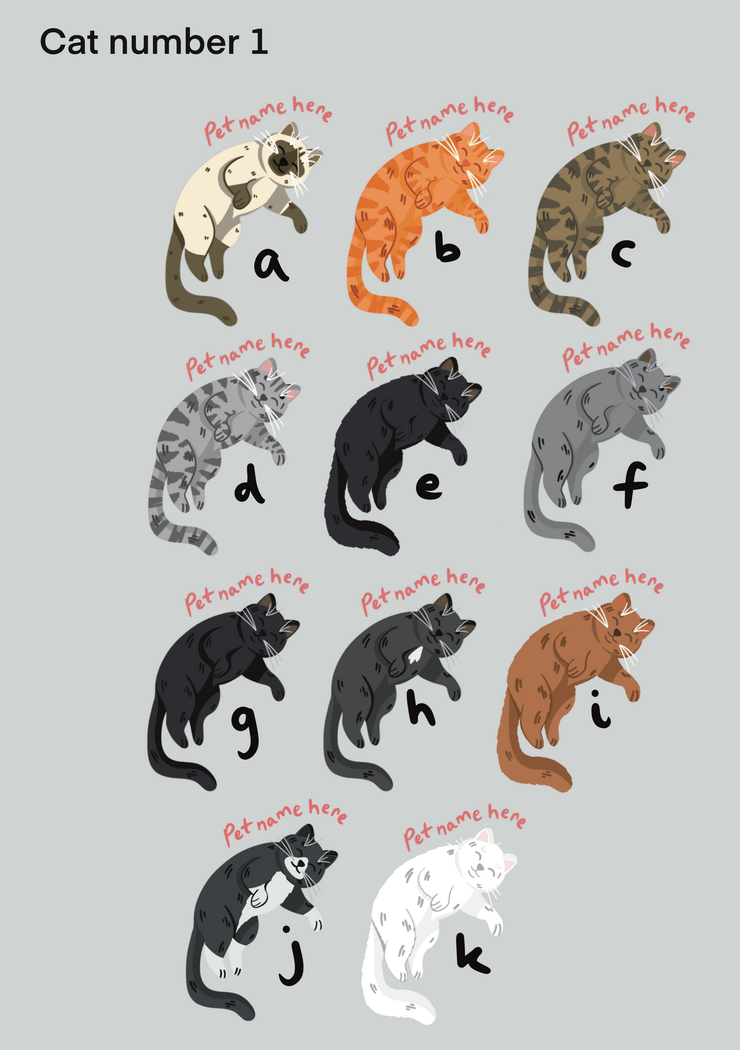 Illustrations of cats with placeholders for pet names on a gray background