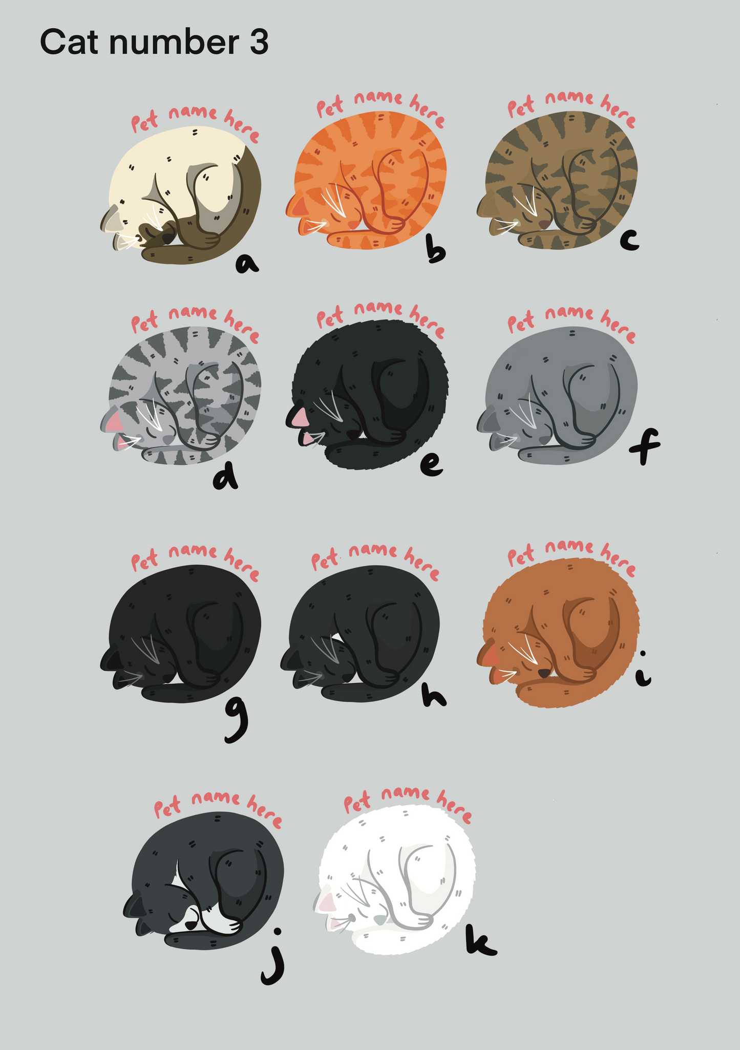 Illustrations of cats with space for names on a gray background