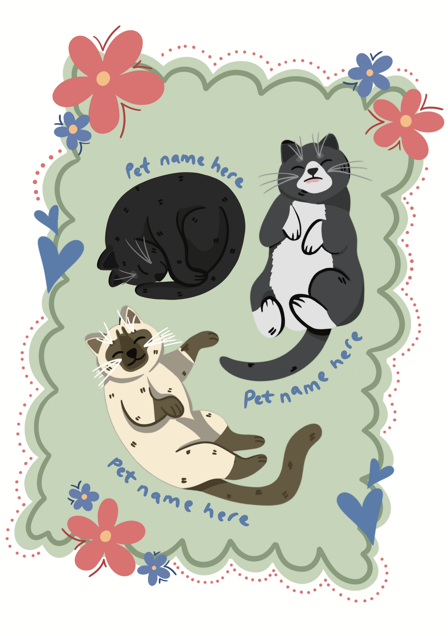 Sticker sheet with cat illustrations and space for pet names, surrounded by flowers and decorative elements.