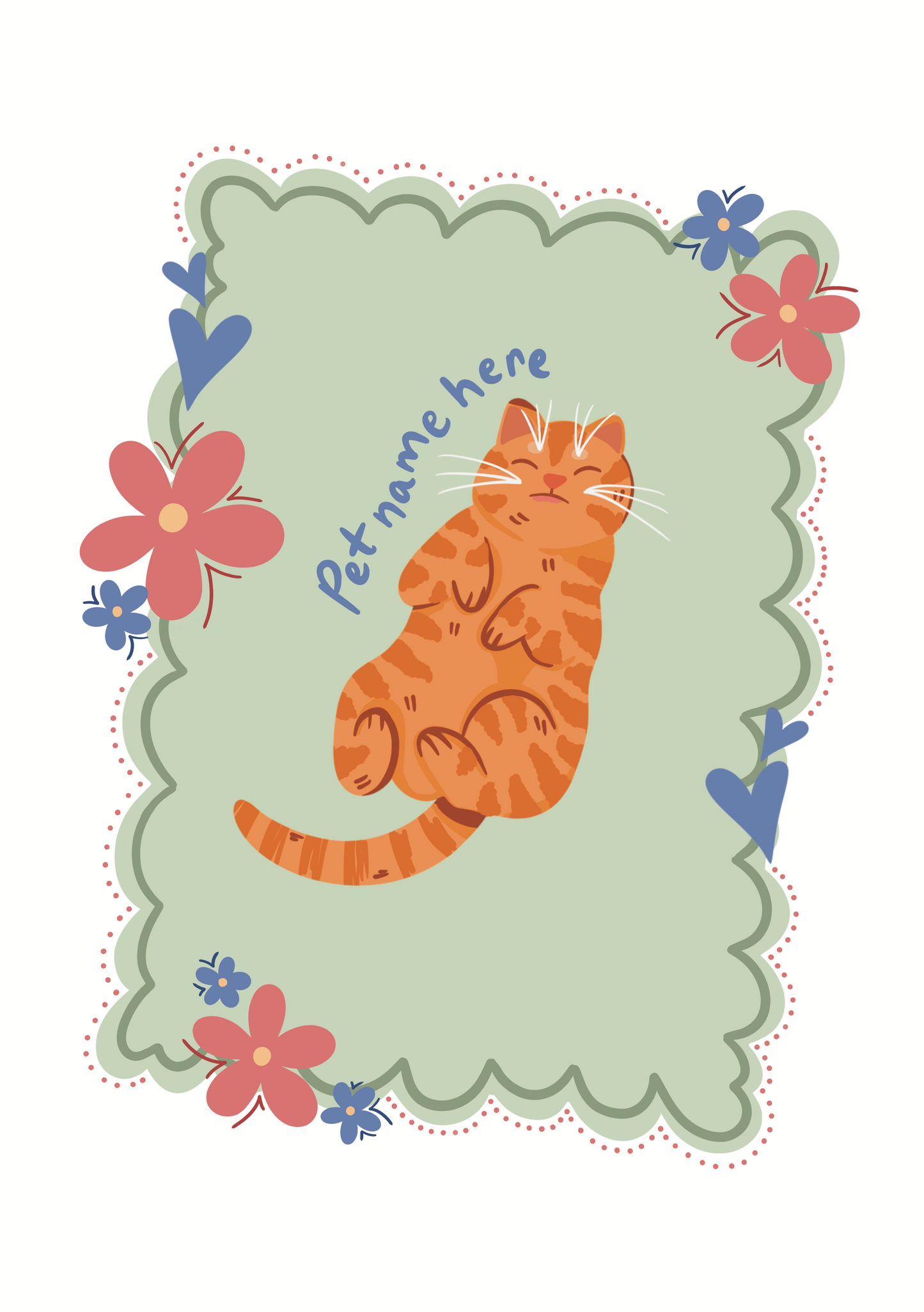 Sticker of a cat with flowers and space for pet name on a light green background
