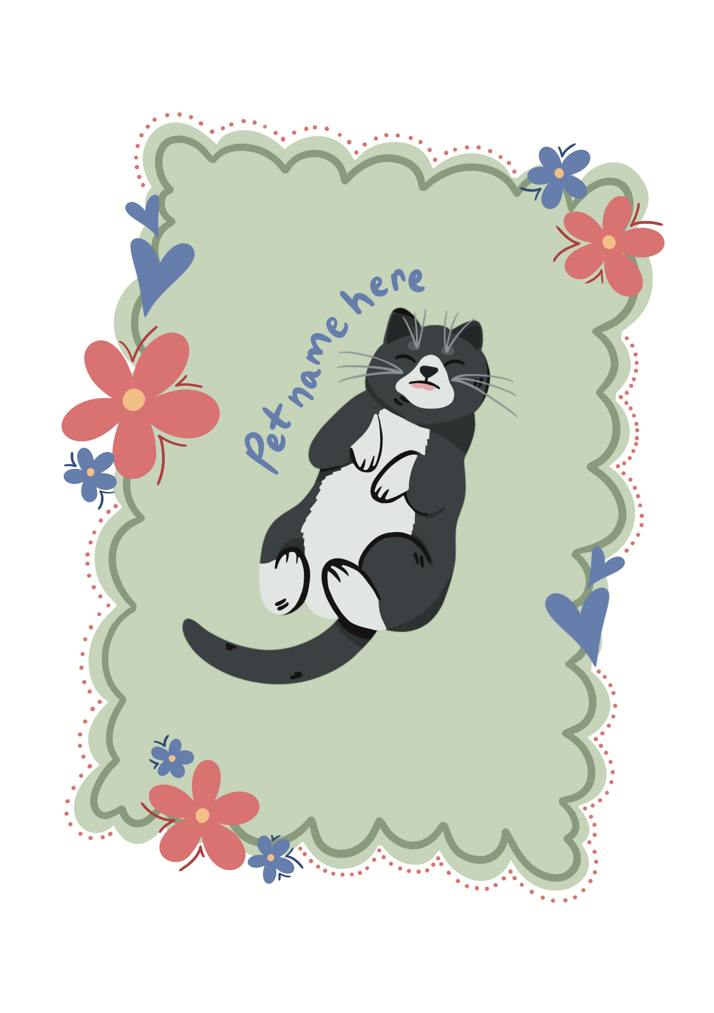 Placeholder with a cat illustration and space for text on a green background with flowers