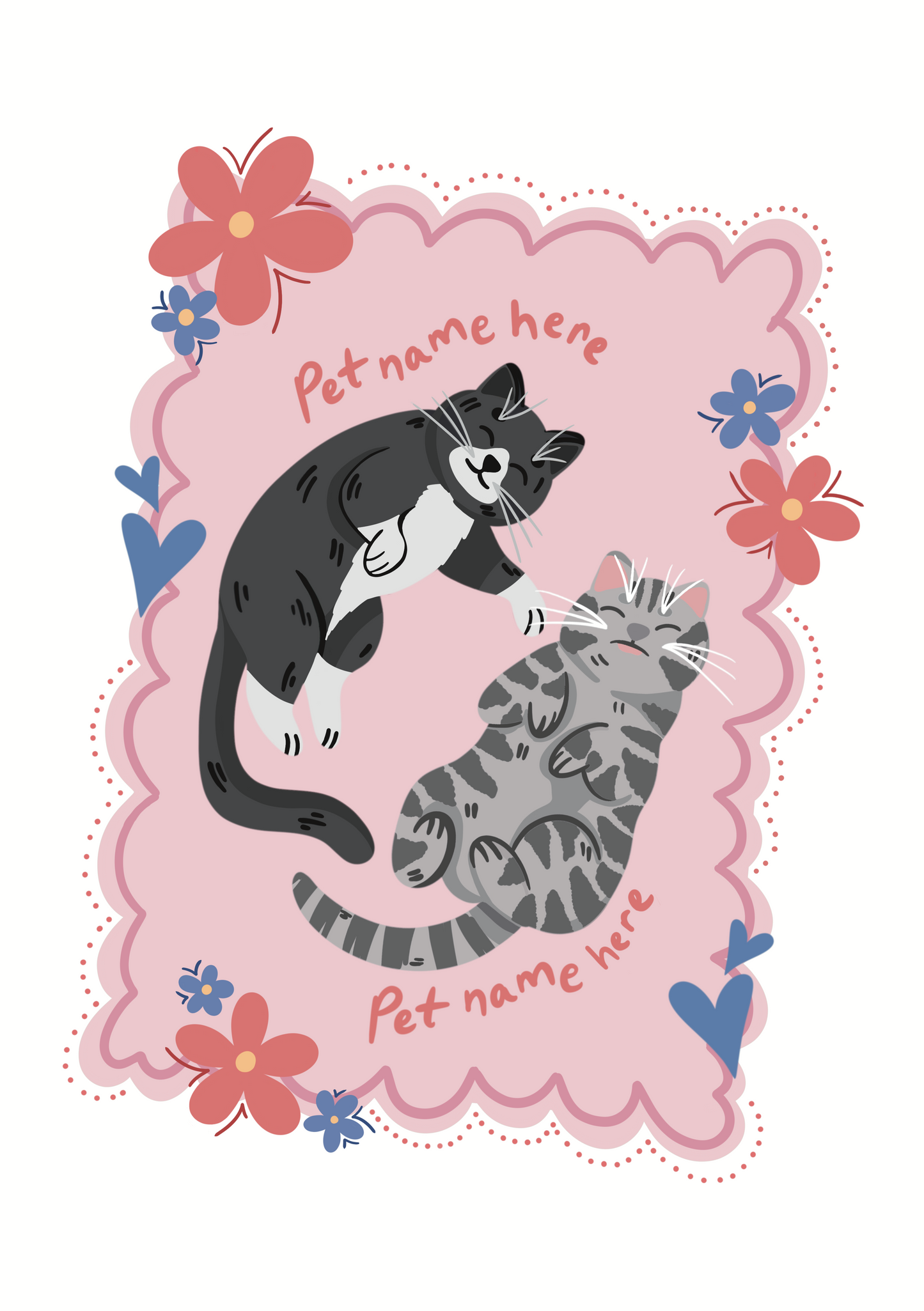 Sticker with two cats and space for pet names on a pink background with flowers.