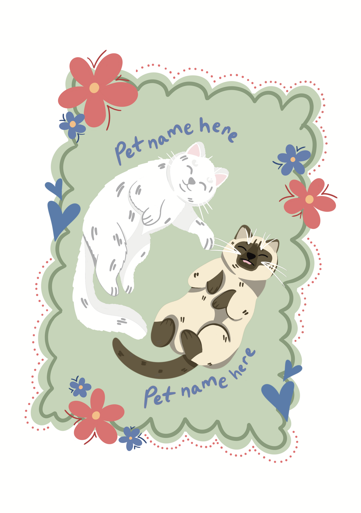 Illustration of two cats with customizable names surrounded by flowers on a decorative border.