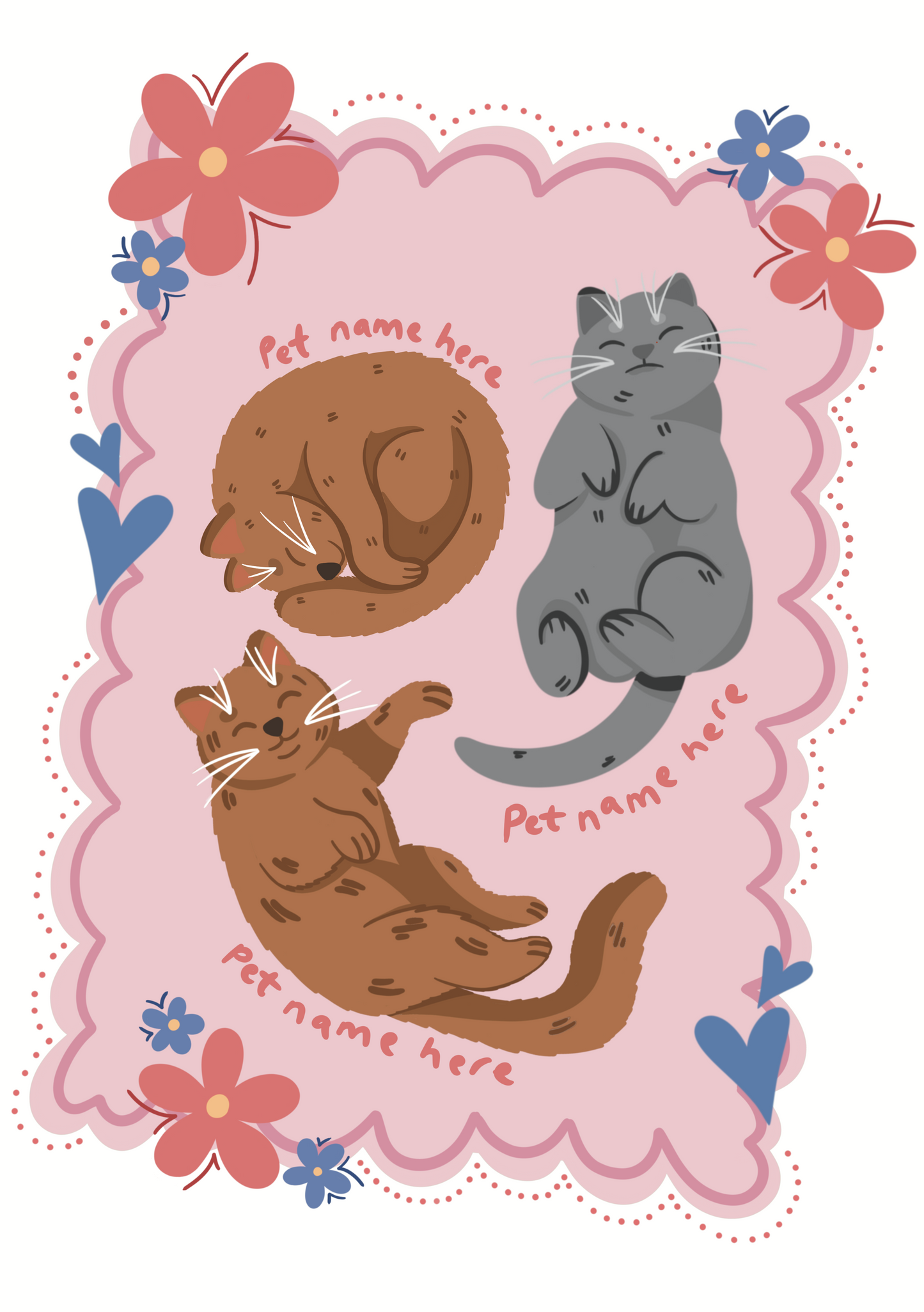 Illustration of three cats on a pink background with flowers and text space for pet names.