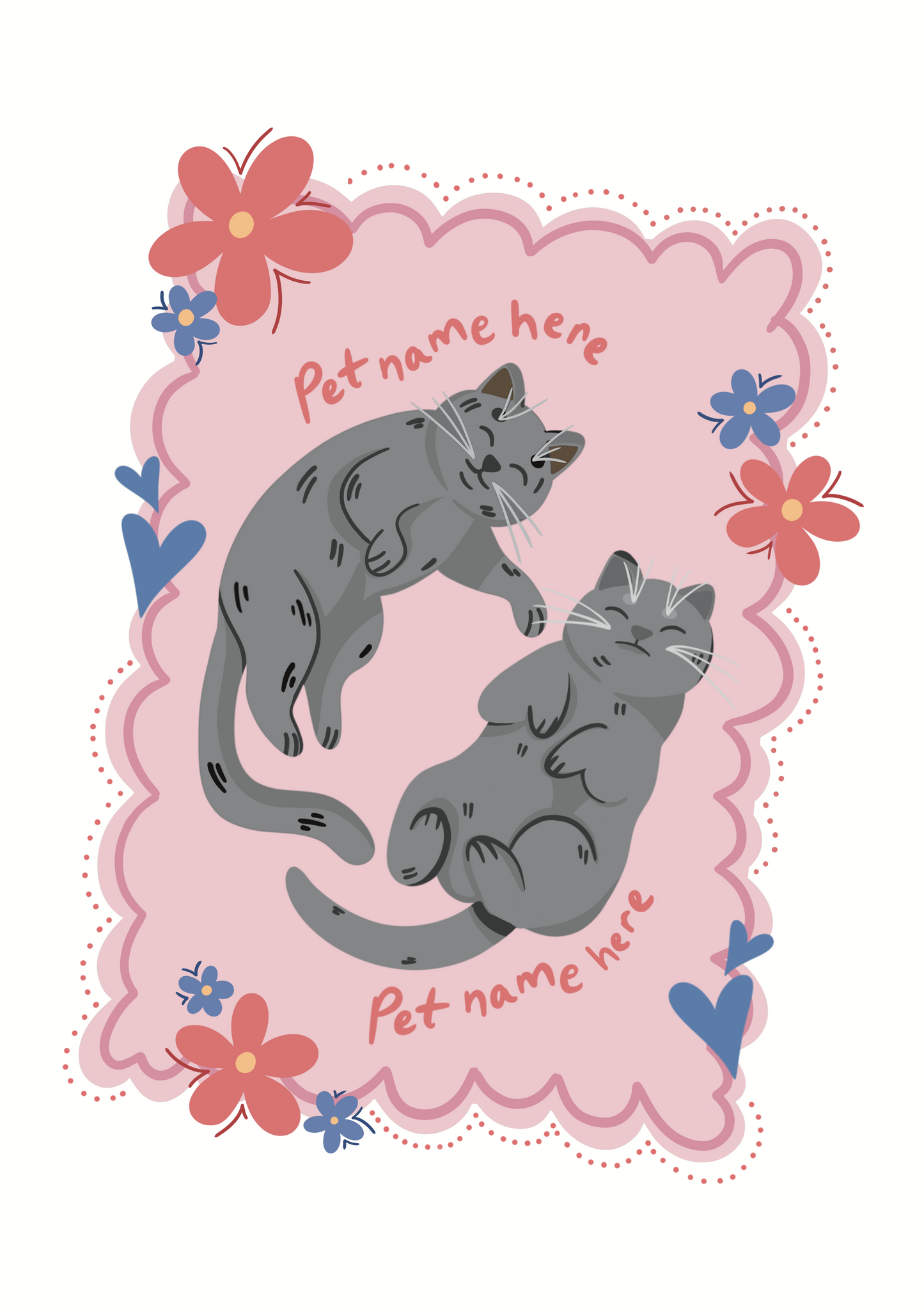 Sticker with two cats on a pink background with flowers and space for pet names.