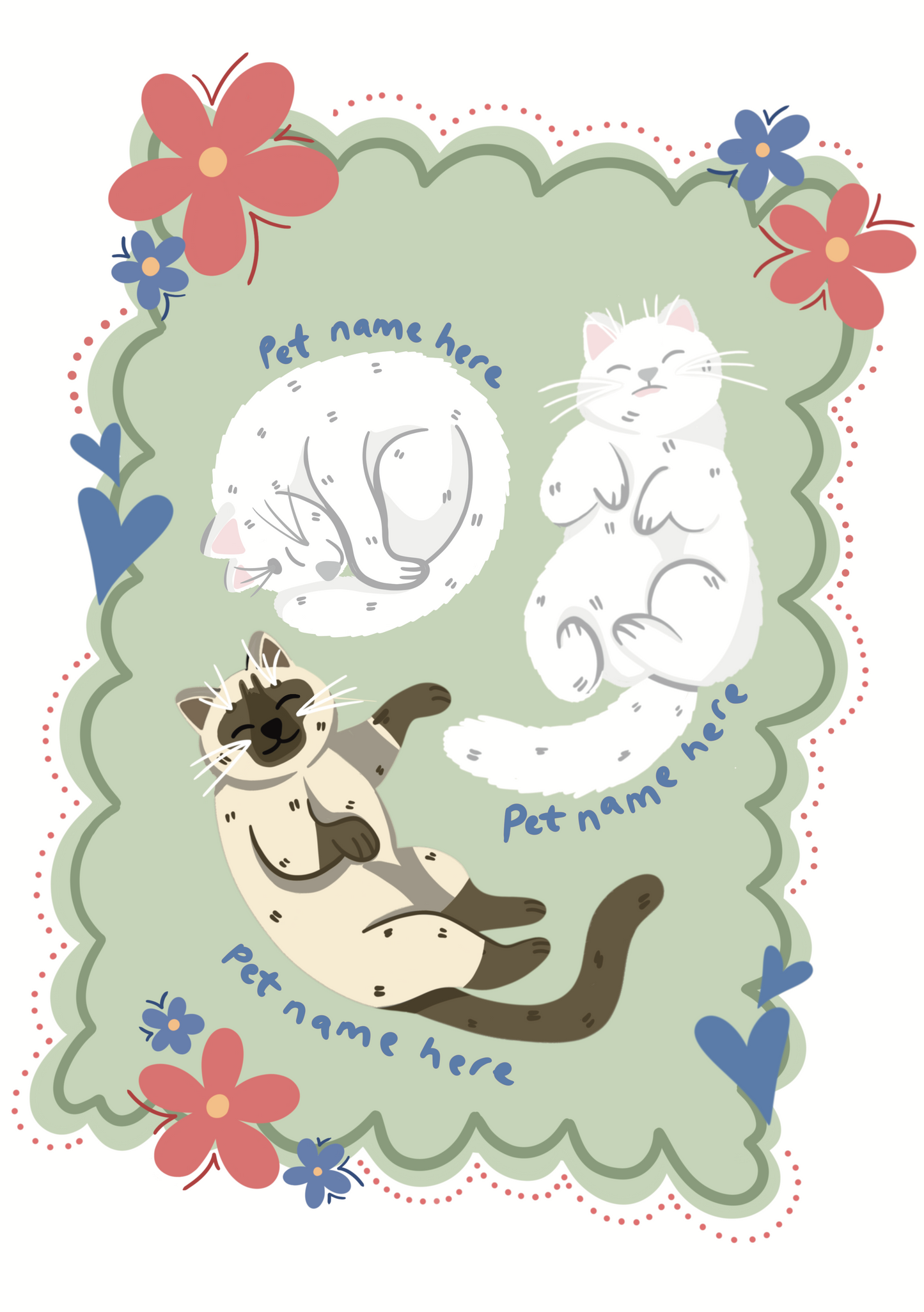 Placeholder design with cat illustrations and customizable text on a decorative border with flowers.