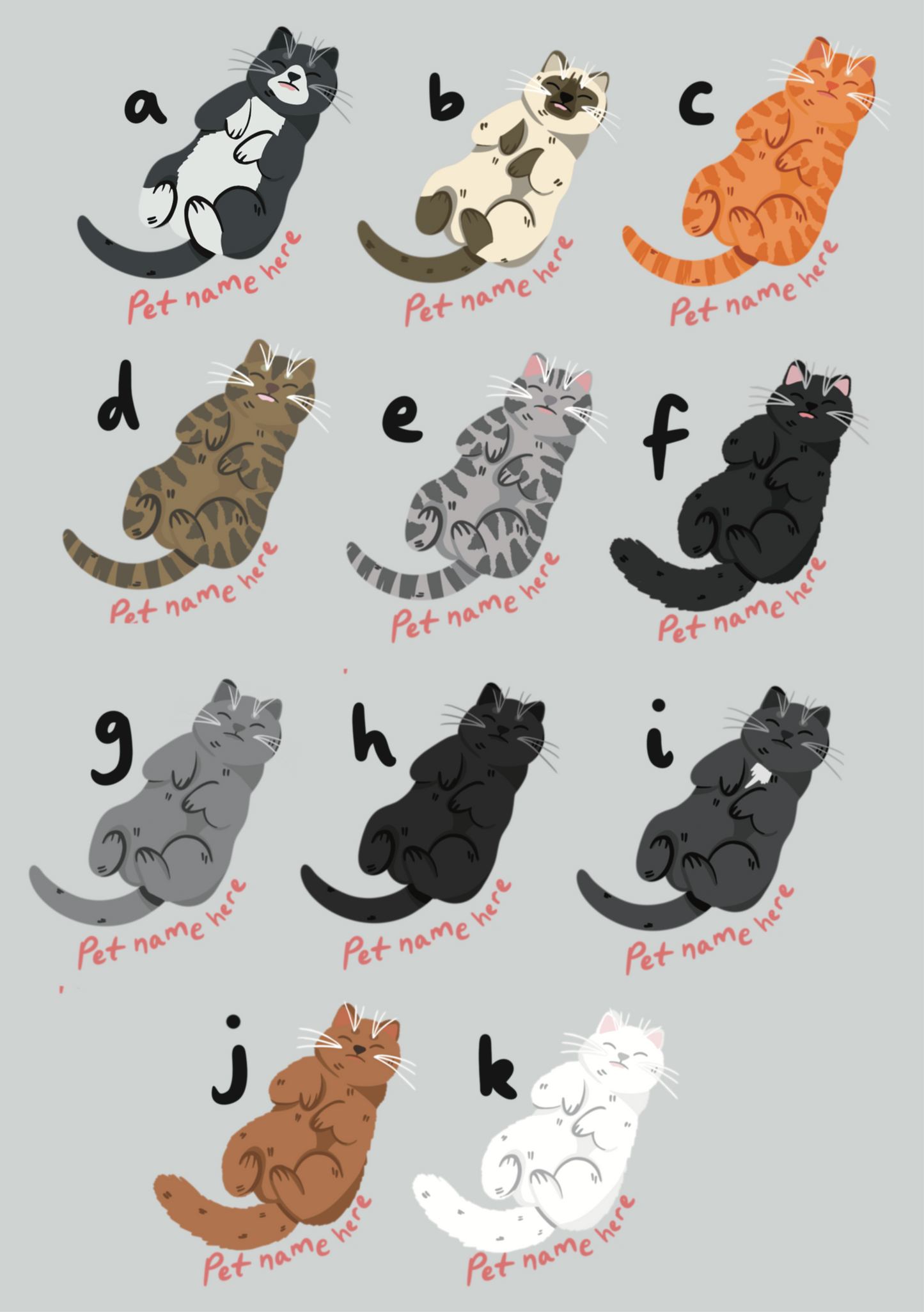 Illustrations of cats labeled from a to k on a gray background