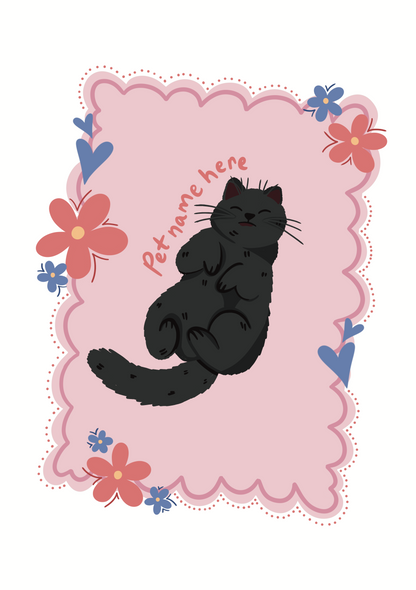 Stylized black cat illustration on a pink background with flowers and hearts