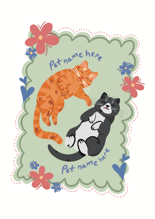 Sticker with two cats and space for pet names on a decorative border with flowers.