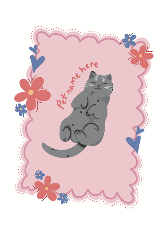 Placeholder card with a cat illustration and space for a pet name on a pink background with flowers and hearts.