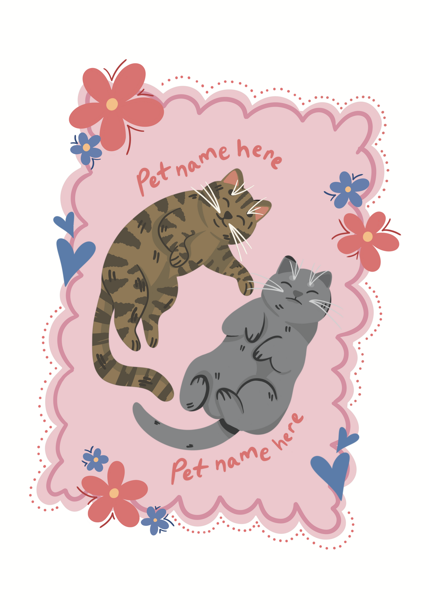 Sticker with two cats and space for pet names on a pink background with flowers.