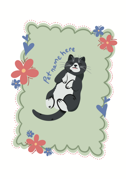 Placeholder with a cat illustration and space for text on a green background with flowers