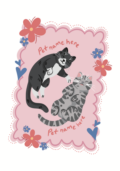 Sticker with two cats and space for pet names on a pink background with flowers.