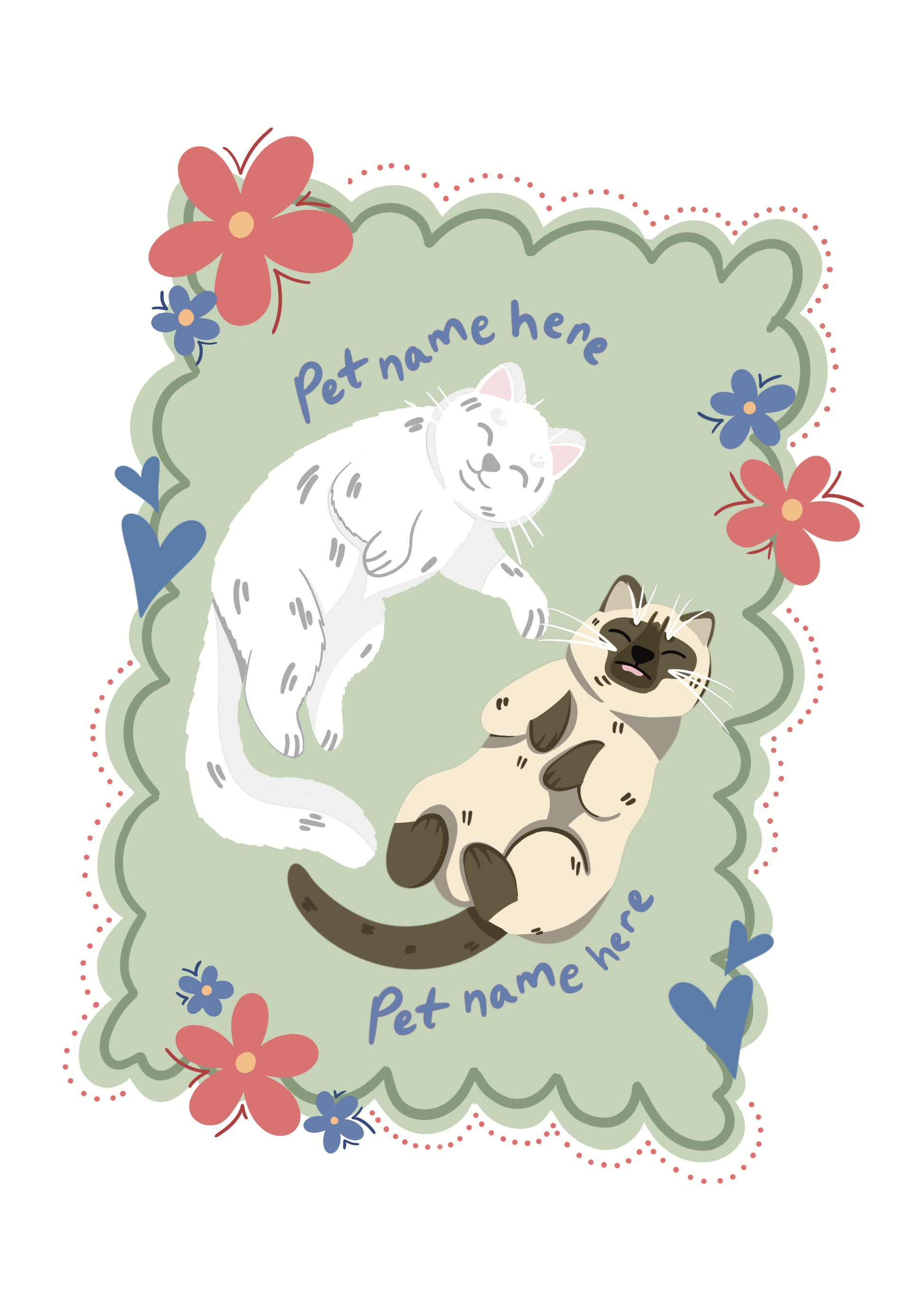 Illustration of two cats with customizable names surrounded by flowers on a decorative border.
