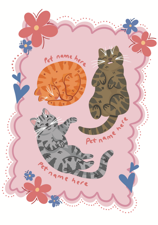 Illustration of three cats with space for pet names on a pink background with flowers.