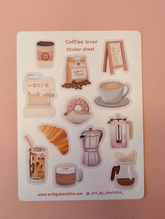 Sticker sheet with coffee-themed illustrations on a pink background