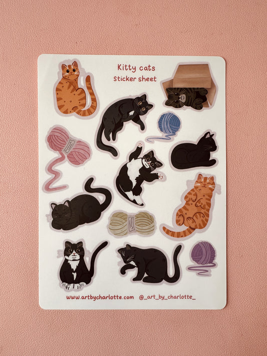 Sticker sheet with various cat illustrations on a pink background